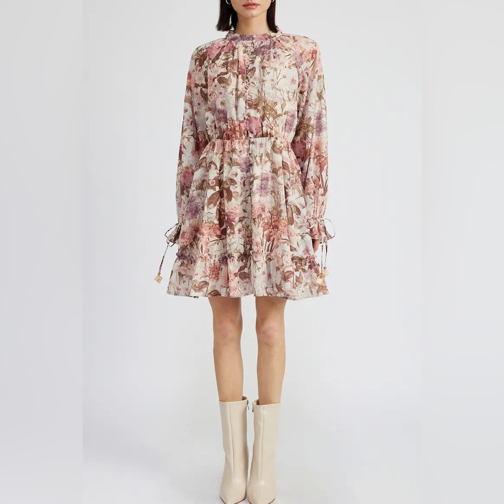En Saison Amoret Floral Print Ruffle Detail Romantic Feminine Mini Dress Size S